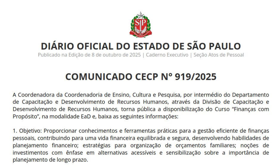 Curso “Finanças com Propósito” pode contar para promoção por merecimento
